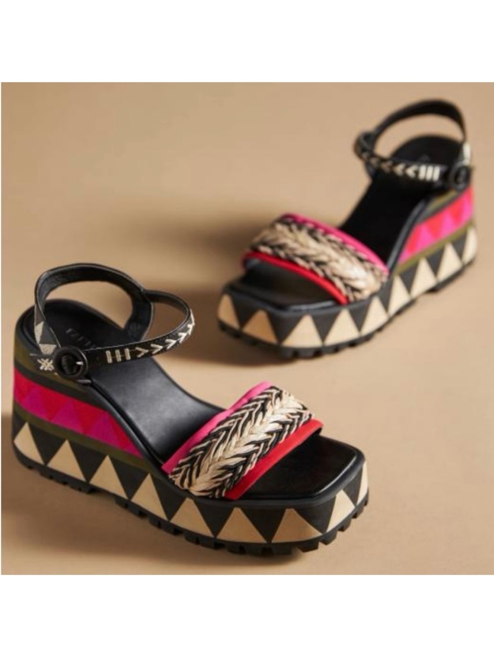Farm Rio Anthropologie Colorful Graphic Wedge Heel Sandals Rattan Resortwear, 10